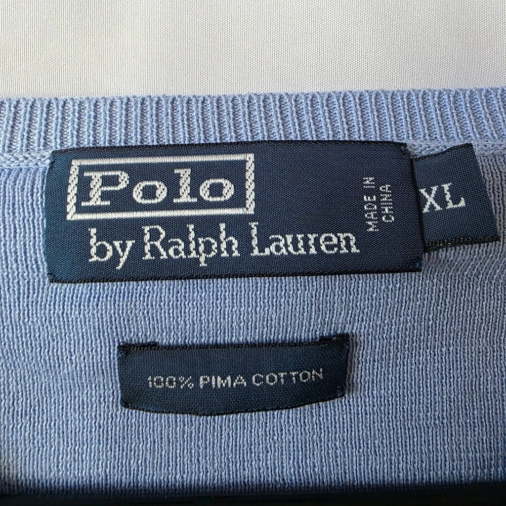 Polo Ralph Lauren Mens XL Blue Pima Cotton V-Neck Sweater Green Pony Logo